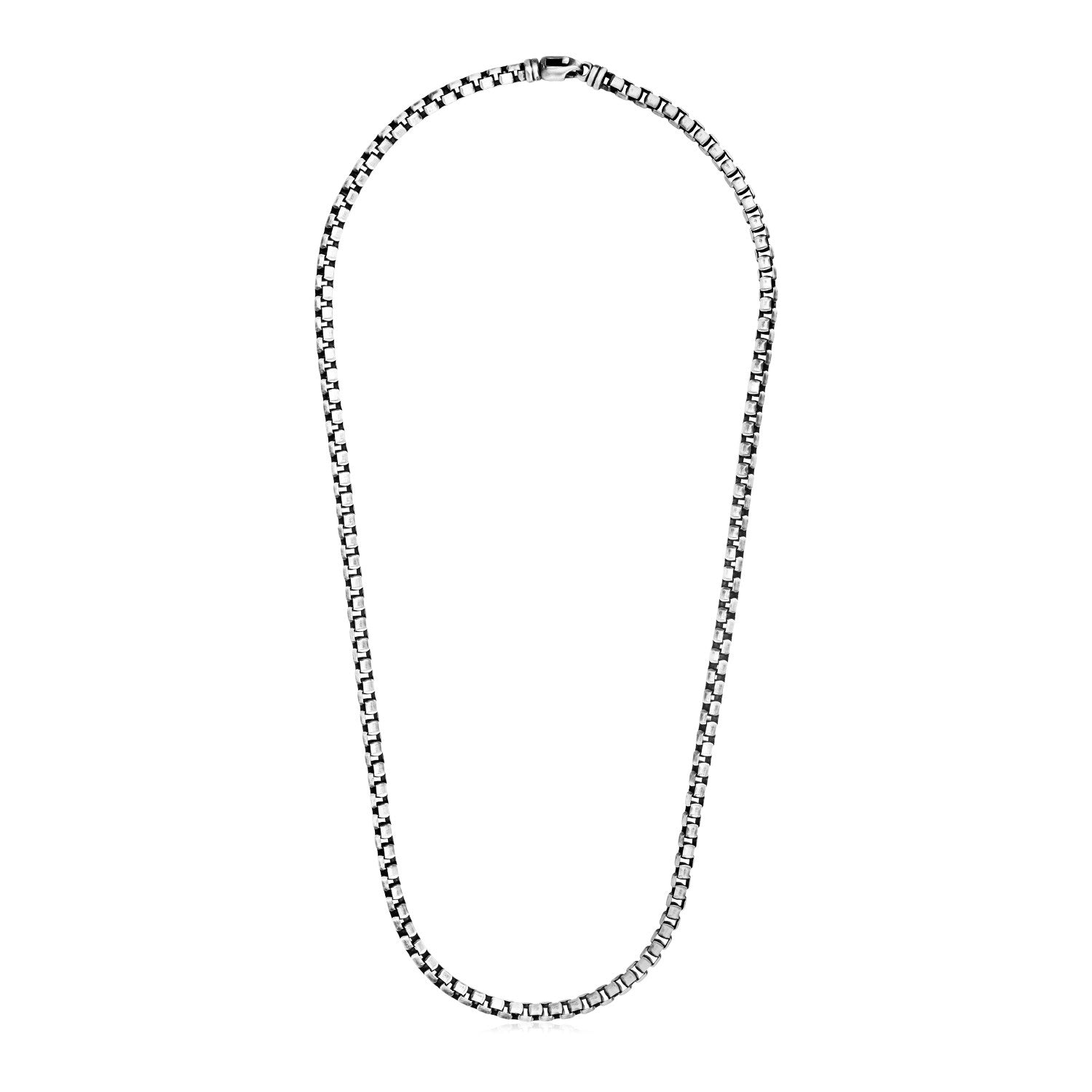 Sterling Silver Gunmetal Finish Round Box Chain Necklace in a sleek high-contrast midnight luxury editorial style